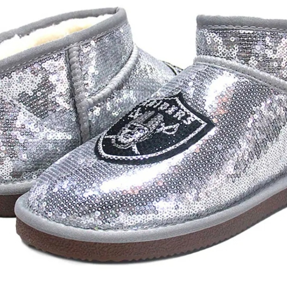 NFL Silver Sequin Ankle Booties Los Angeles Raiders Size 6 Womens